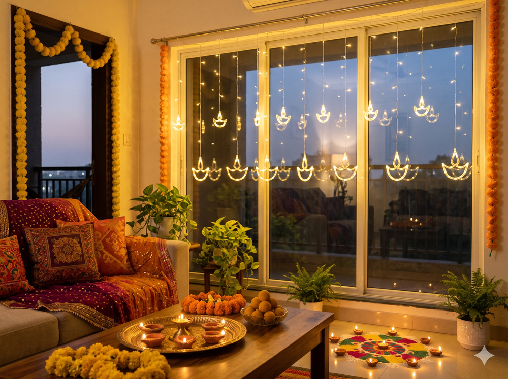 Traditional Diya LED Curtain Lights - Warm White Festive Decor