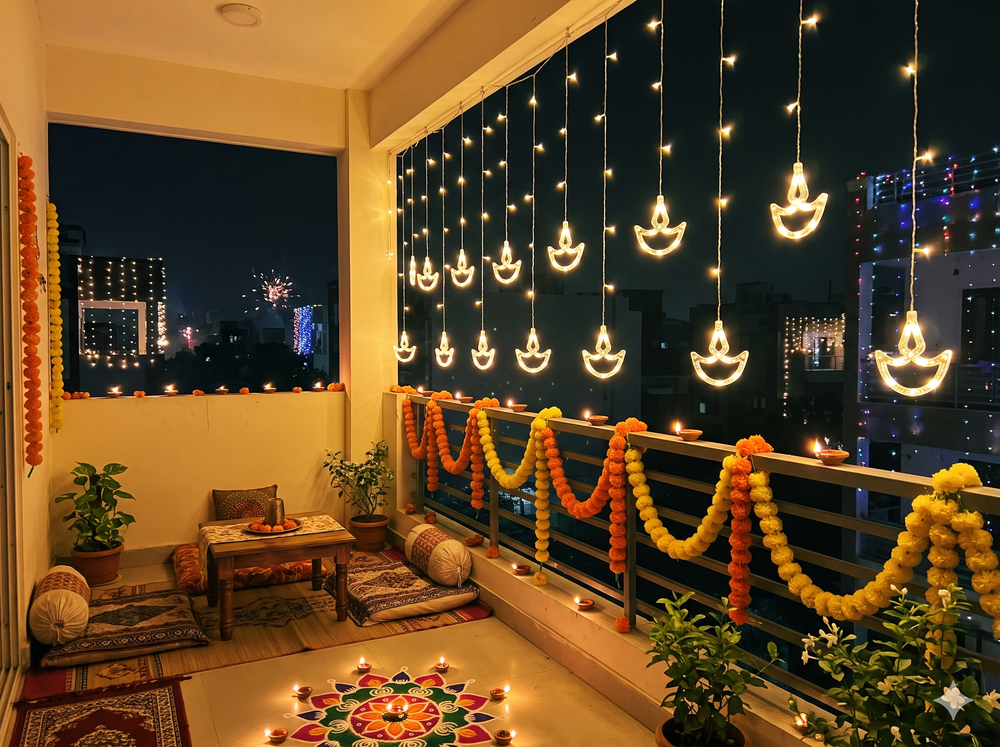 Traditional Diya LED Curtain Lights - Warm White Festive Decor